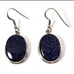 Elegant Blue Goldstone and 925 Silver Dangle Earrings, Glittering
